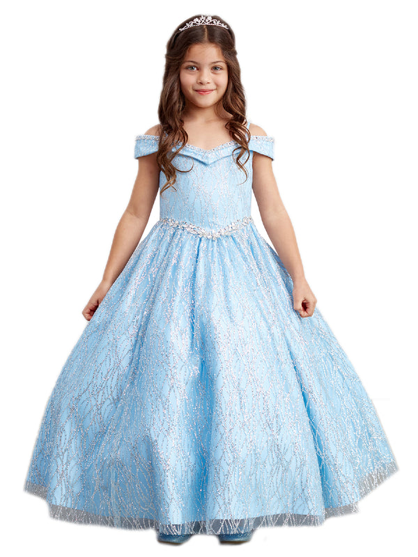 Little Girls Sky Blue Glitter Off Shoulder Rhinestone Waist Pageant Dress 2-6 - SophiasStyle.com